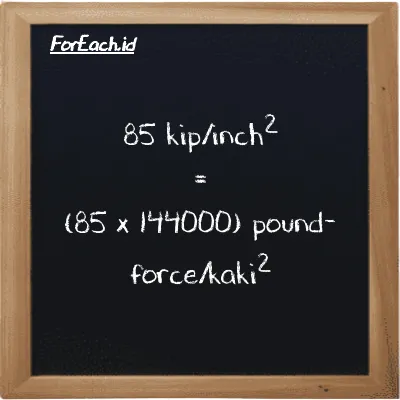 Cara konversi kip/inch<sup>2</sup> ke pound-force/kaki<sup>2</sup> (ksi ke lbf/ft<sup>2</sup>): 85 kip/inch<sup>2</sup> (ksi) setara dengan 85 dikalikan dengan 144000 pound-force/kaki<sup>2</sup> (lbf/ft<sup>2</sup>)